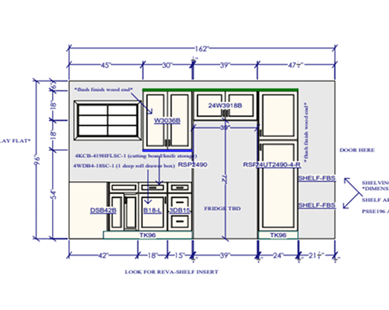 Example Co Kitchen Design Detailed kitchen layout plan with measurements and cabinetry details for Example Co.