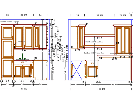 Detailed kitchen cabinet layout plan with measurements and specifications.