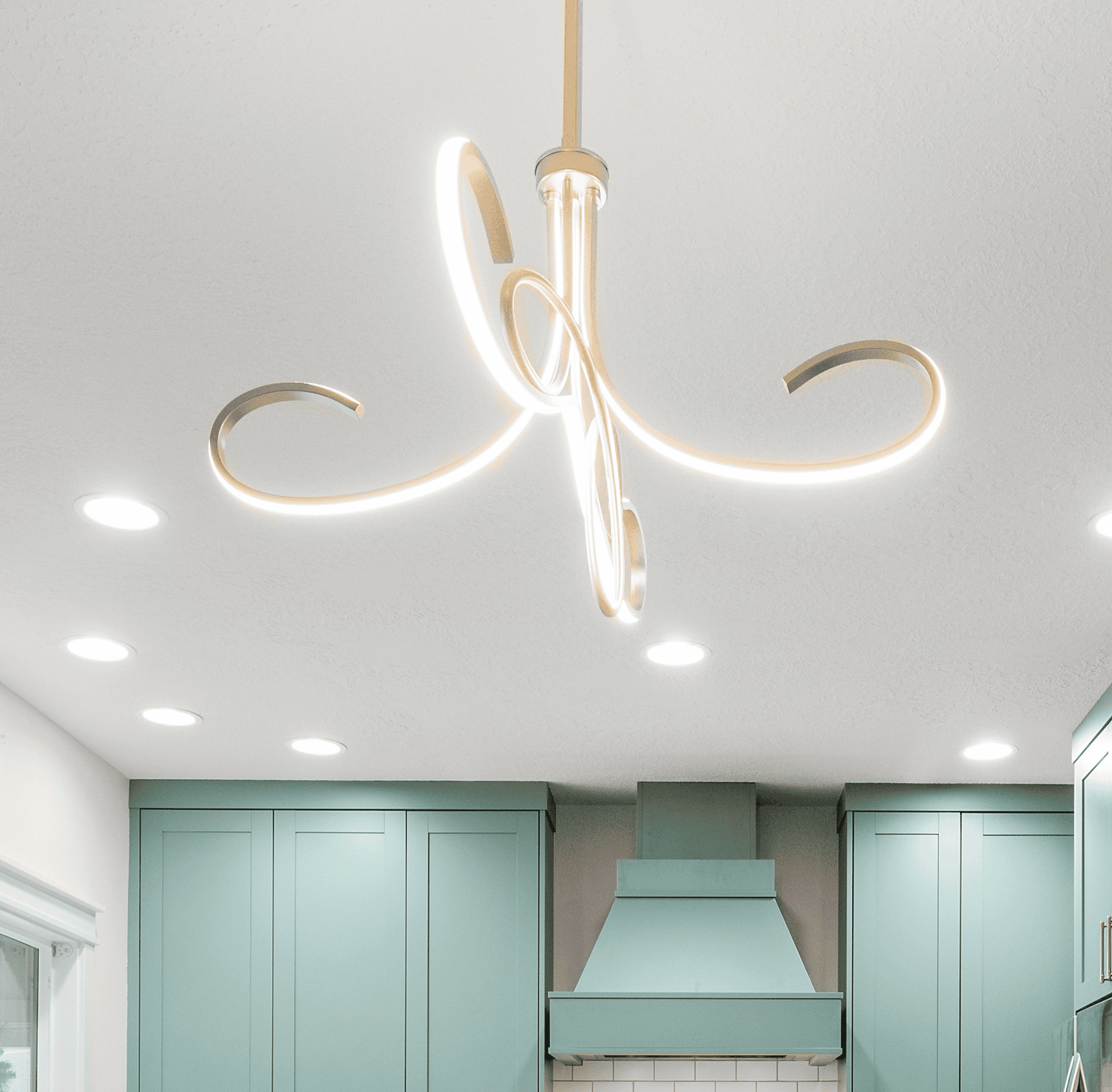 Modern Kitchen Lighting Elegant modern chandelier with LED lights in a stylish kitchen.