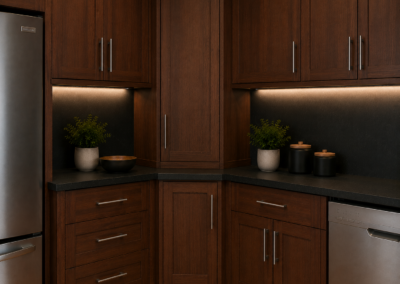 Elegant dark wood kitchen cabinets with black countertops and under-cabinet lighting.